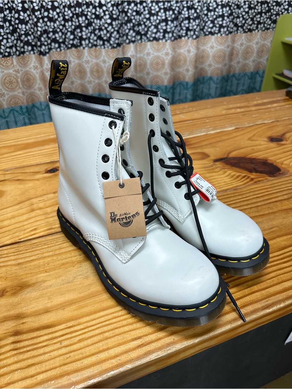 Dr. Martens White Leather 8-Eye Lace-Up Boots with Yellow Stitching